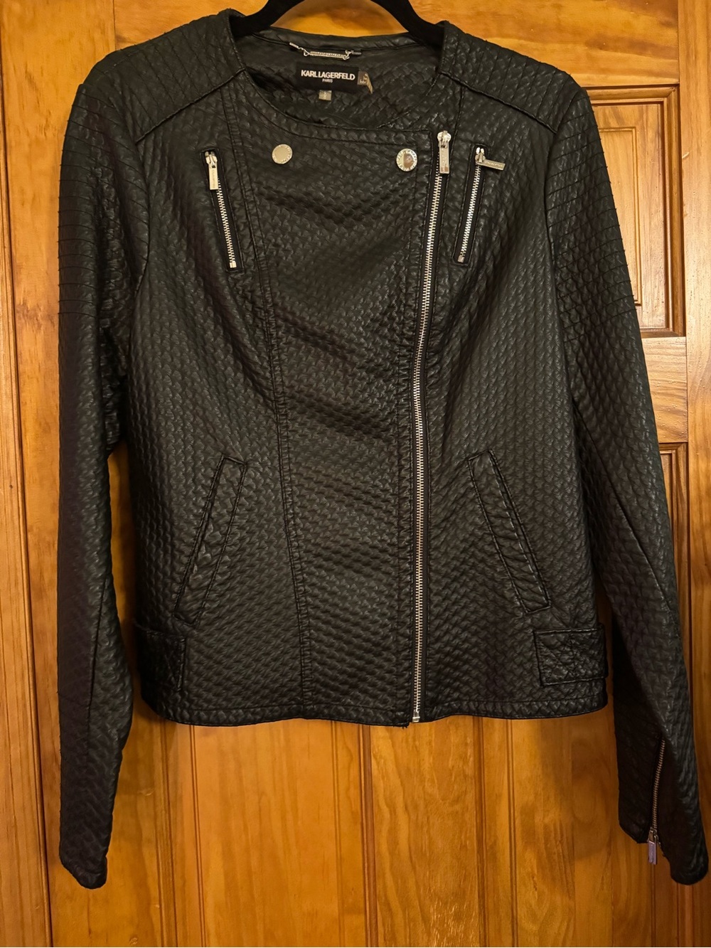 Karl Lagerfeld Black Quilted Asymmetrical Moto Jacket